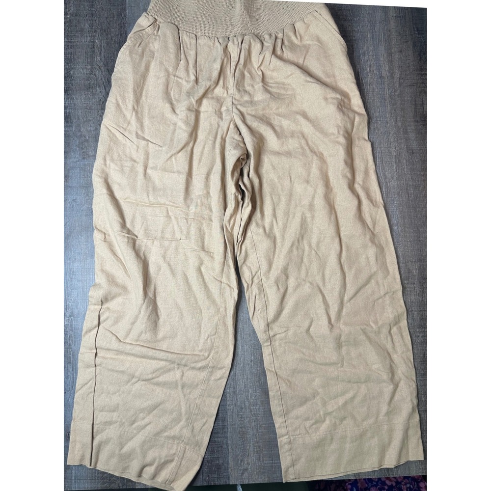 Isabel by Ingrid & Isabel Maternity Smocked Waist Linen Blend Pants Tan Large